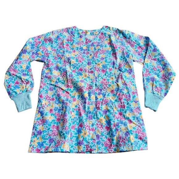 Vintage blue multicolor floral long sleeve nurse scrubs Sz S NWOT - Picture 3 of 6